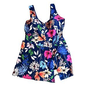 Coldwater Creek Blue Hawaiian Floral Split Hem Swimsuit Dress Sz 16 (XL) Womens